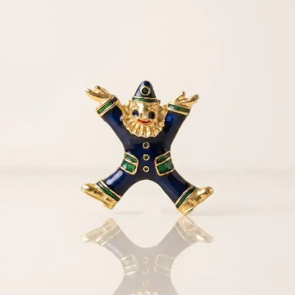 Vintage Enamel Clown Brooch – Navy Blue & Gold-Tone Whimsical Figural Pin