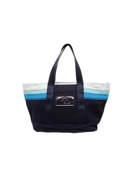 Tory Burch Large Blue Striped Zippered Canvas Tote Bag Weekend Ready