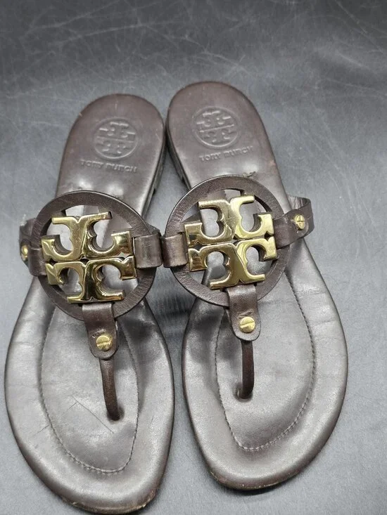 Tory Burch Sandals Womens Size 7 Brown Miller Logo Leather Thong Flat Shoes