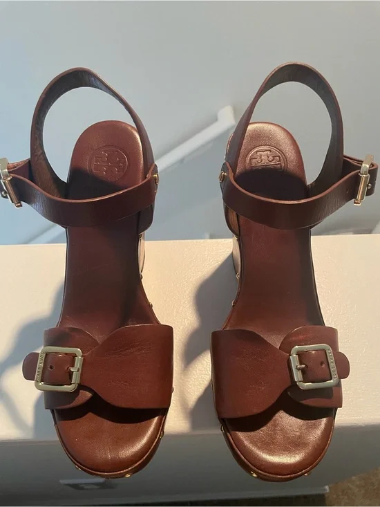 Tory Burch Brown Leather Wedge Sandals with Buckle