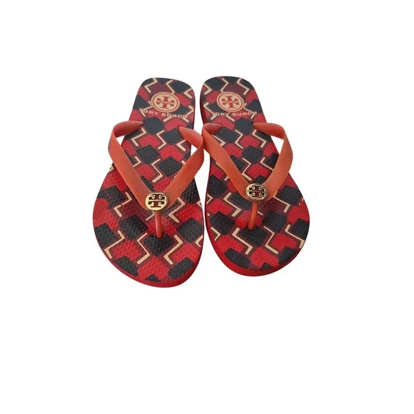 Tory Burch Red Black Geometric Logo Flip Flop Sandals Women Size 9.5