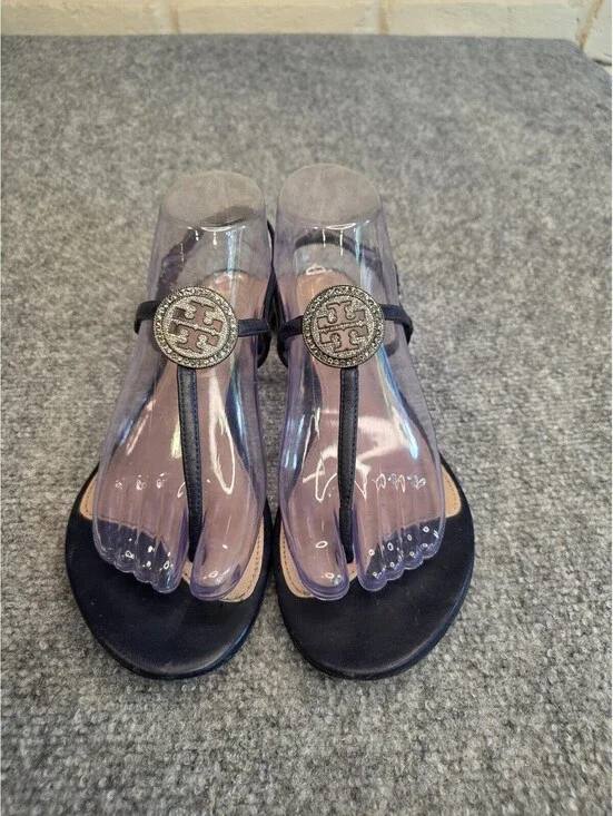 Tory Burch Liana Flat Embellished Thong Sandals Navy Blue Crystal Logo 8.5M
