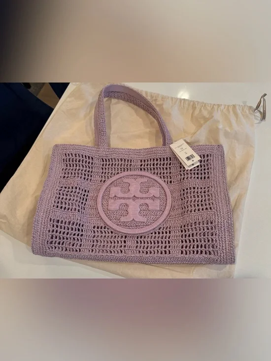 Tory Burch Lavender Hand Crochet Large Tote with Logo