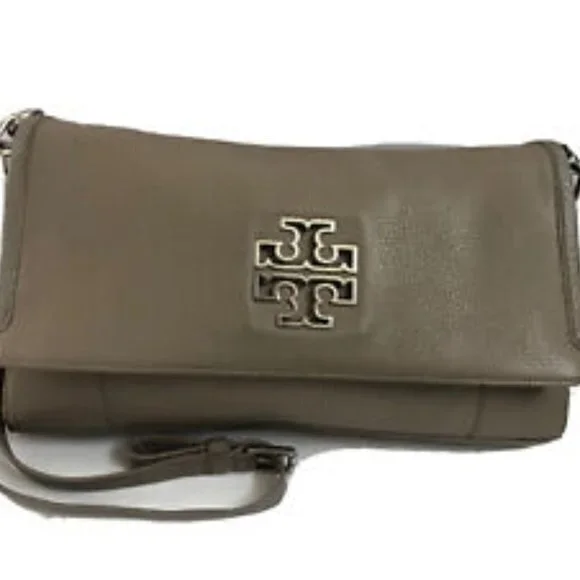 Tory Burch Satchel Handbag Taupe Leather ShoulderBag Purse Tote  Silver hardware