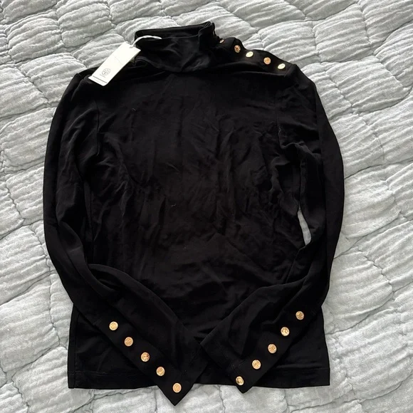 Tory Burch Black Long Sleeve Mock Neck Top with Gold Buttons
