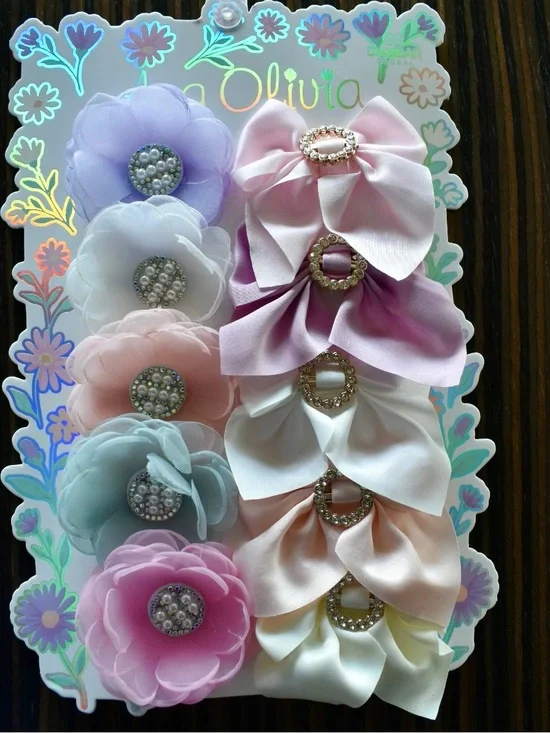 Girls' Pastel Flower & Bow Hair Clip Set — Pink, Lavender, White, Peach, Mint