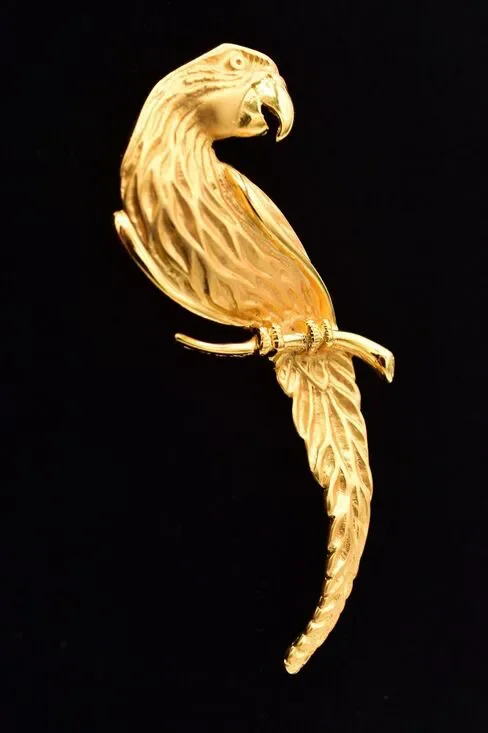 JJ Vintage Parrot Bird Pin Brooch Brushed Gold Chunky Signed NOS 1980s BinBK