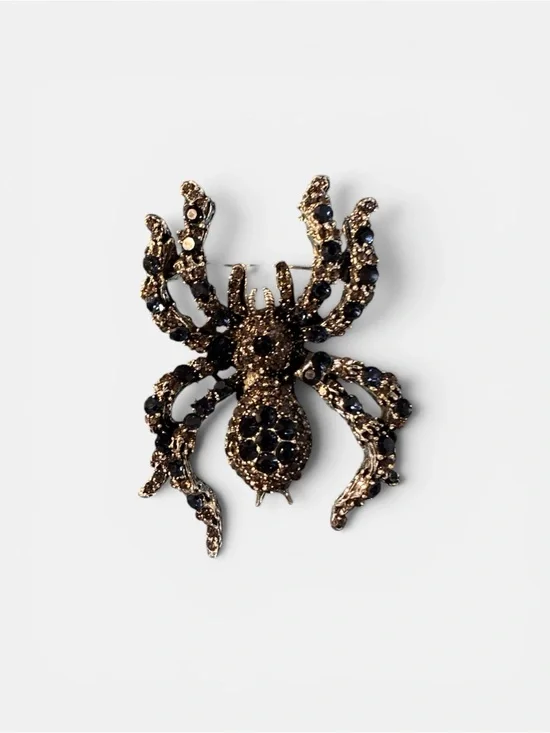 Gold-tone Spider Brooch with Black Crystal Accents