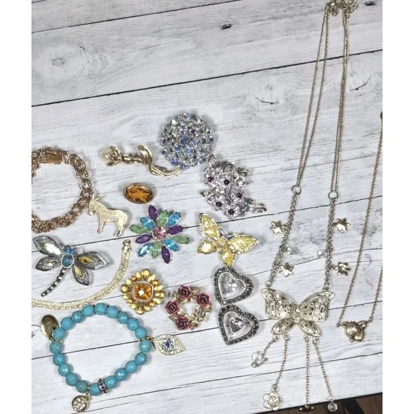 Lot Of 17 Pieces Of Costume Jewelry Evil Eye Dragonfly Brooches Butterfly Heart