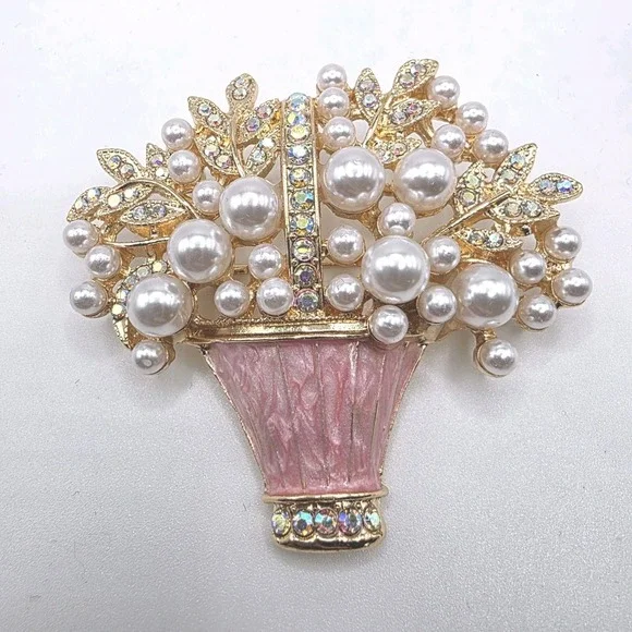 Flower Basket Brooch Gold Tone And Faux Pearls Brooch Pin Rhinestones Fashion
