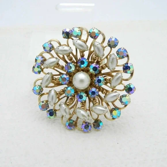 Gold Tone Faux Pearl Blue AB Rhinestone Star Set