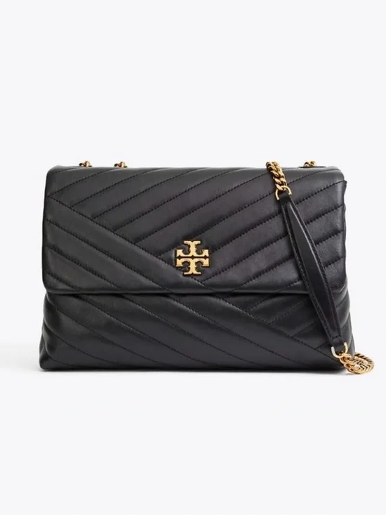 Tory Burch Black Quilted Leather Shoulder Bag with Gold Logo Chain