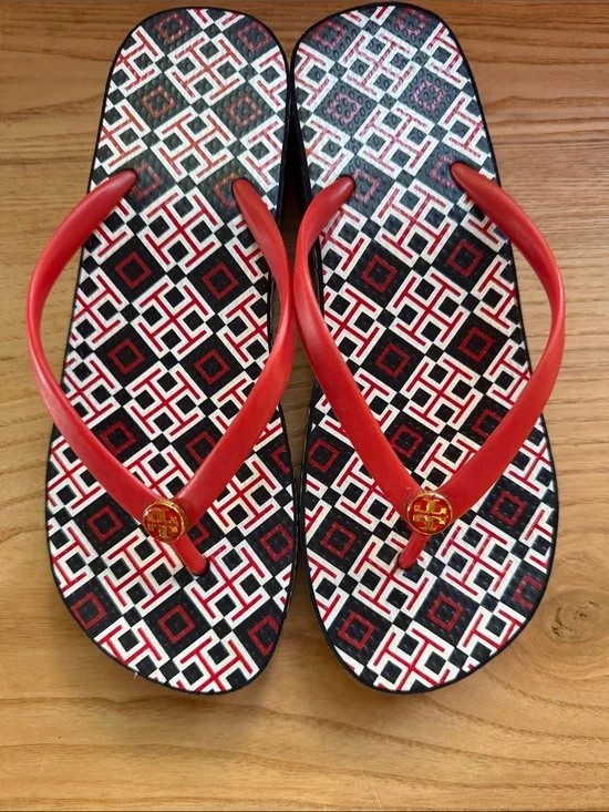Tory Burch Red Strap Flip Flops with Geometric Footbed