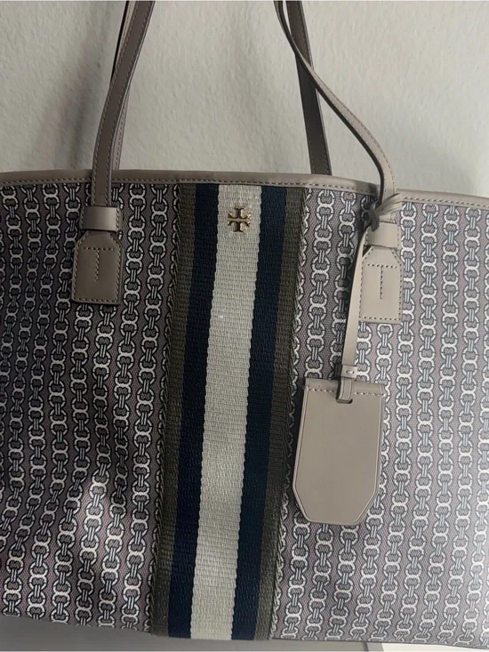 Tory Burch Beige and Navy Striped Logo Tote