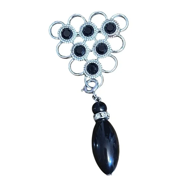 Silver-Toned‎ Triangle Brooch with Removable Pendant Drop Black Stones