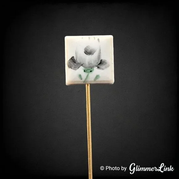 Vintage Floral Hand Painted Ceramic Marbled Square Gold Tone Stick Pin