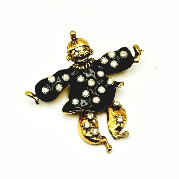 Vintage Black Enamel Articulated Rhinestone Dancing Clown Brooch Pin Whimsical