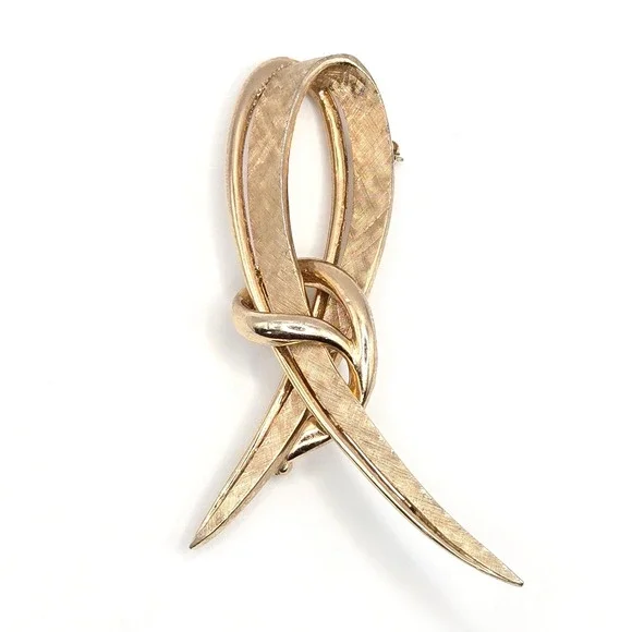 Marcel Boucher Signed Vintage Gold Tone Textured Ribbon Loop Knot Brooch‎ Pin
