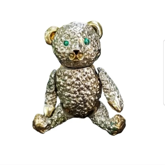 VINTAGE GOLD & SILVERTONED ARTICULATED TEDDY BEAR BROOCH/ PENDANT