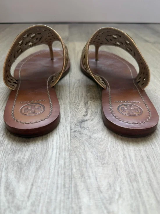 Tory Burch - Metallic Gold Leather Slide Sandals with Cutout Logo
