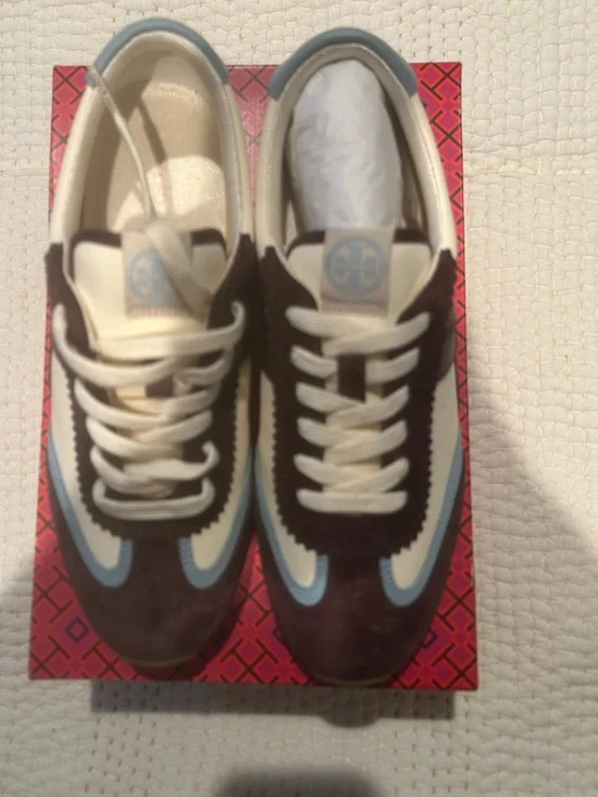 Tory Burch Cream,HANK SNEAKER  Light Blue & Dark Brown Suede Lace-Up Sneakers