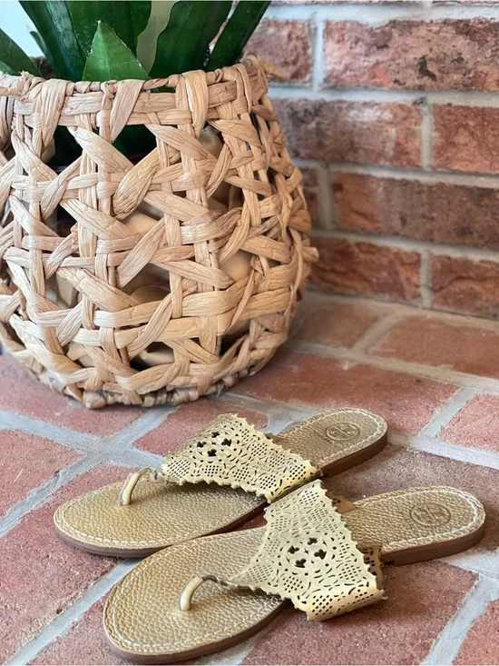 Tory Burch Gold Laser-Cut Leather Thong Sandals
