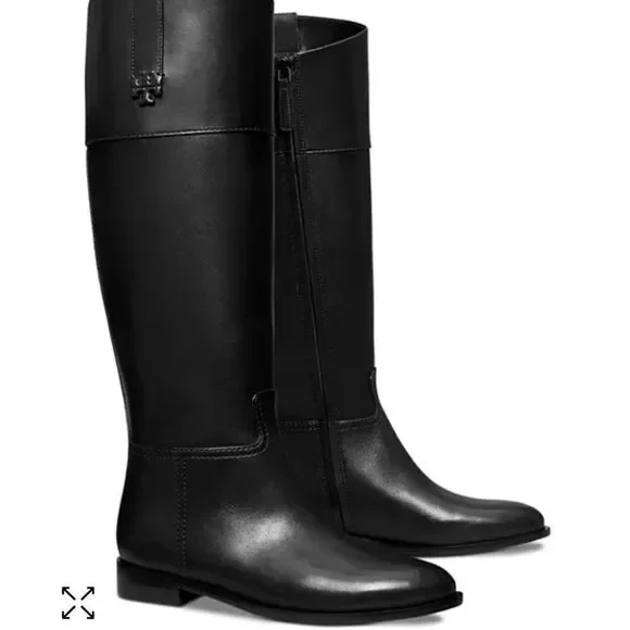 NWT TORY BURCH Double T Riding Black Leather Boots Size 7 $ 579.00