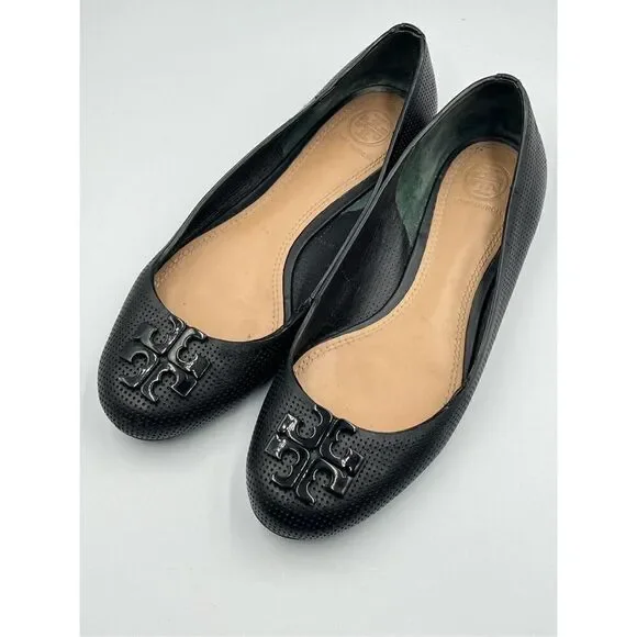 Tory Burch Lowell 2 Perforated Black Leather Ballerina Ballet Flat w Logo Size 7