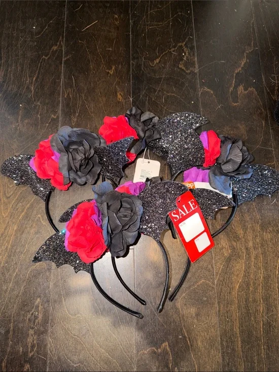 7 Glitter Bat Ear Headband for Kids with Black and red Flowers