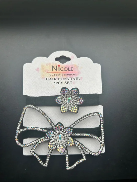 Kids Crystal Bow & Flower Hair Ponytail Set - Black