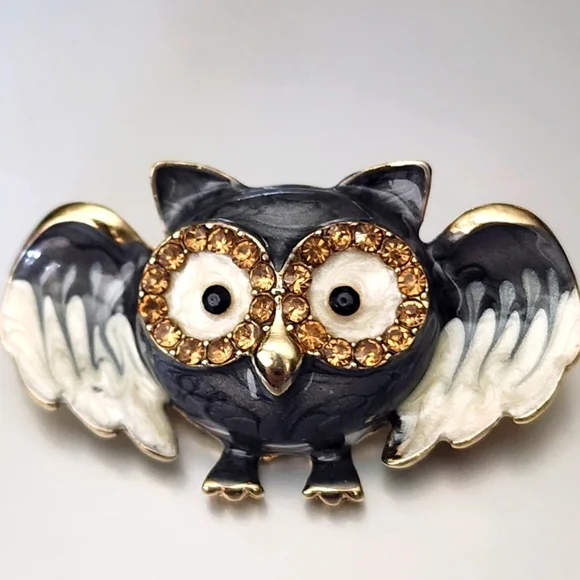 Hand painted Grey Acrylic Gemstone Owl Brooch \Necklace Combo