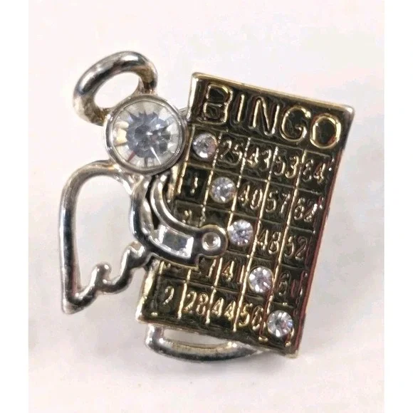 Bingo Brooch Pin‎ Rhinestone Silver Gold Tone Card Game Novelty