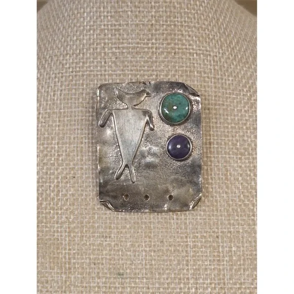 Vintage Native American Mesa Verde Silver & Turquoise Pin Signed L. Mckeown 1991