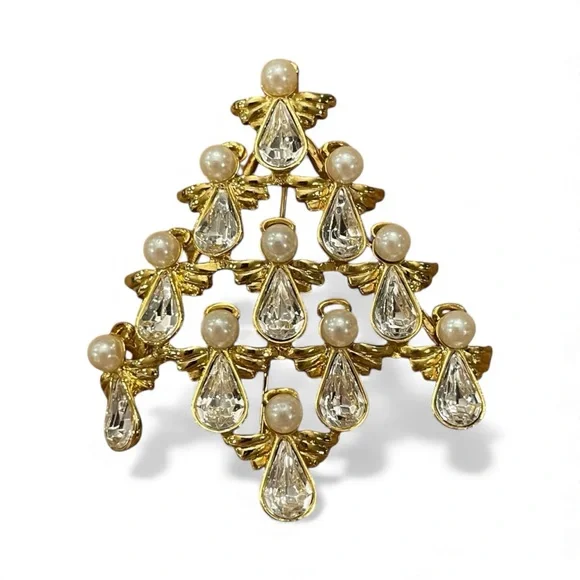Vintage Avon Angel Christmas Tree Pin Brooch Pearl Rhinestone 2
