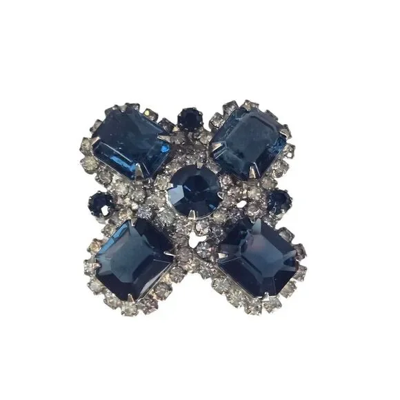 Vintage Blue Glass & White Rhinestone Brooch Pin
