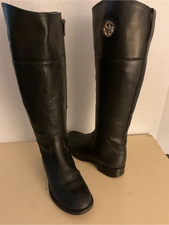 Tory Burch women Black Leather Knee-High Riding Boots with Gold Logo boots US 7