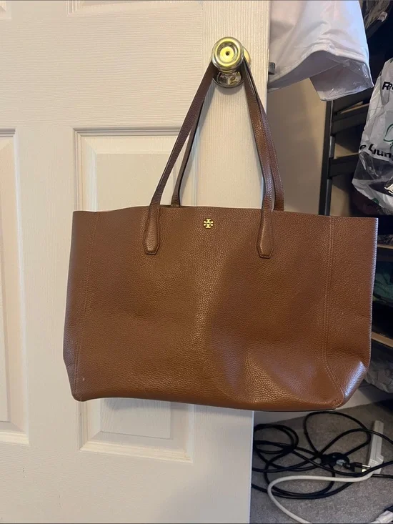 Tory Burch Chestnut Pebbled Leather Tote with Gold Logo