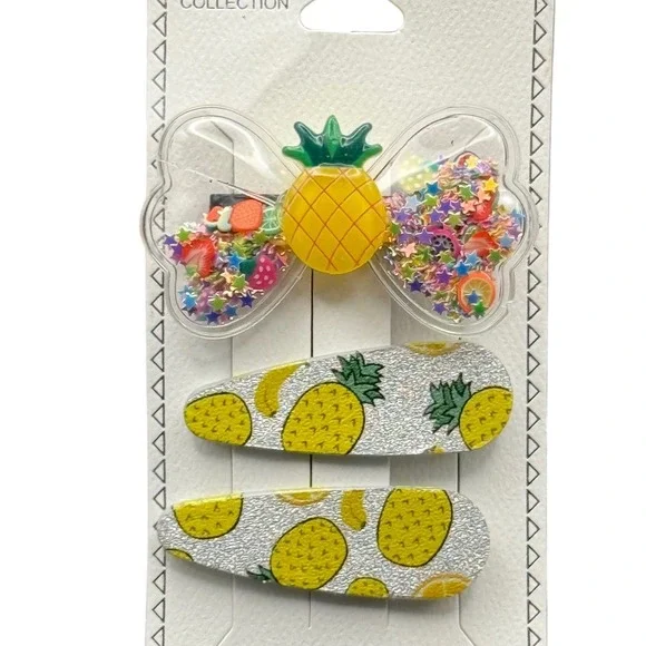 Pineapple Fruit Hair Clip Set 3pc Shaker Bow Glitter Snap Clips Yellow