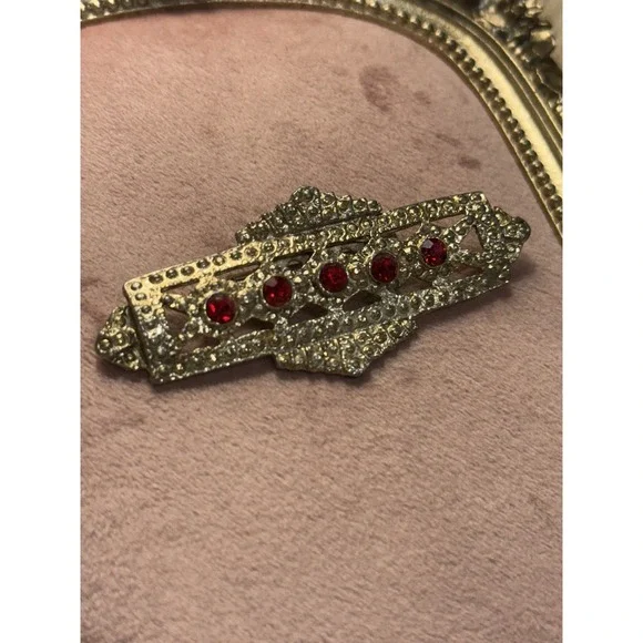 Gold Tone Art Deco Style Red &‎ Clear Rhinestone Faux Marcasite Pin Brooch