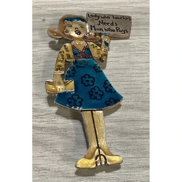 Silvertone Pin Textured Painted‎ Girl w/ Sign Vintage Lady Lunch Man Pays