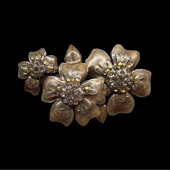 VTG Signed Chico’s Brooch Gold Tone‎ Enamel Floral Rhinestone Pin Y2K