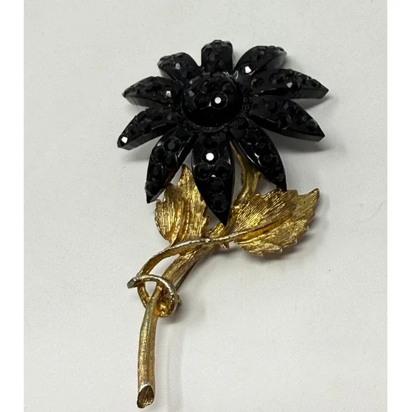 Vintage‎ Black Rhinestone Sunflower Brooch Gold Tone Stem Flower Pin Accessory