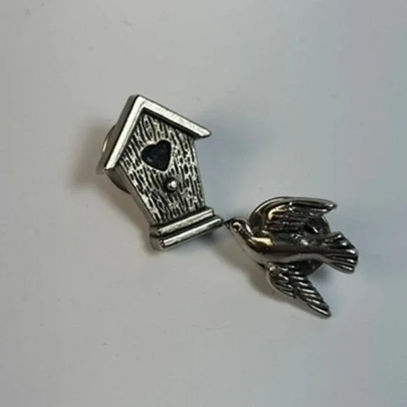 Birdhouse Bird Silver Tone Pin Set Preowned Nature‎ Lapel Pins Small