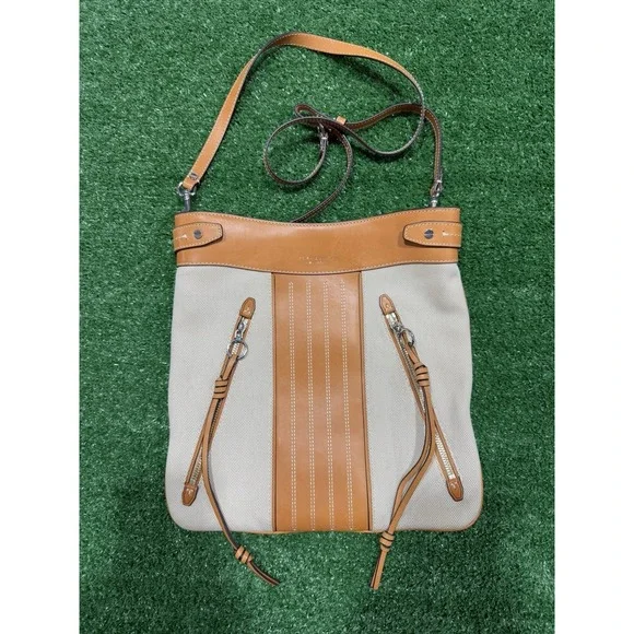 Tory Burch Moto Crossbody Bag Canvas Leather Beige Women's Shoulder Bag