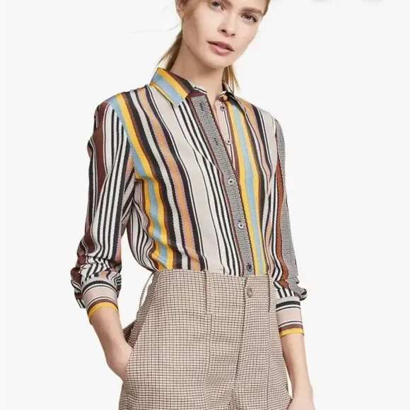 Tory Burch Silk Colorful Striped Button Front Shirt Blouse Womens 6