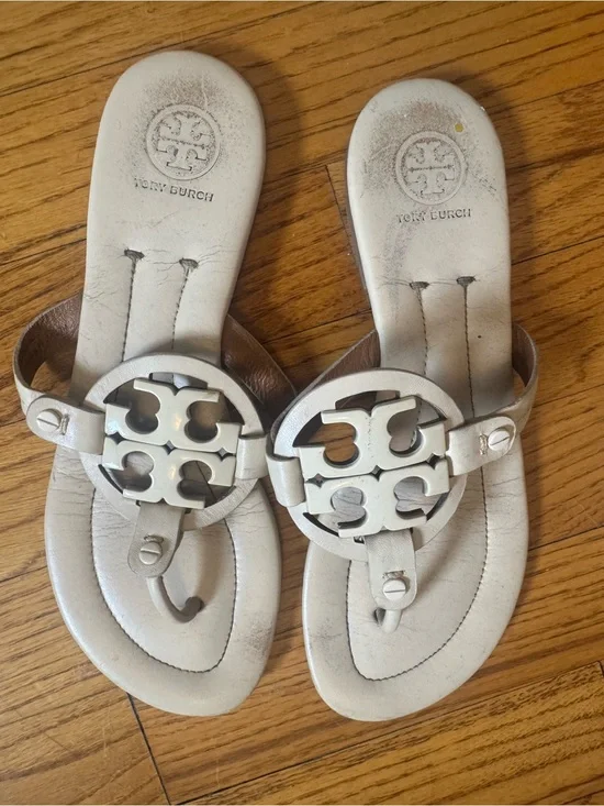 Tory Burch Cream Leather Logo Thong Sandals