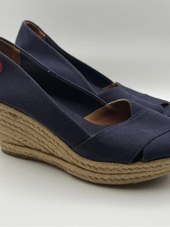 Tory Burch Navy Canvas Espadrille Wedge Peep Toe Heels Women’s 8 Coastal Preppy