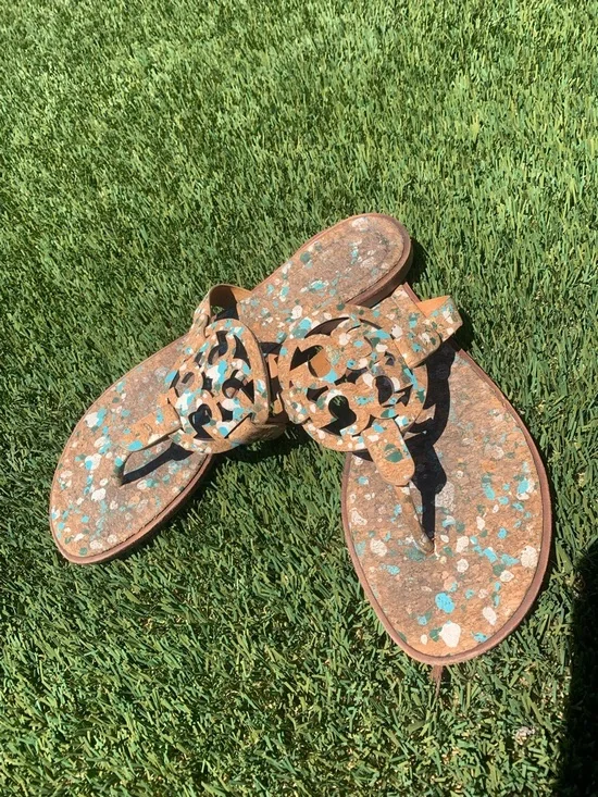 Tory Burch Tan Leather Miller Sandals with Turquoise & White Speckle