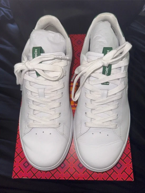 Tory Burch White Leather Sneakers with Green Heel Patch