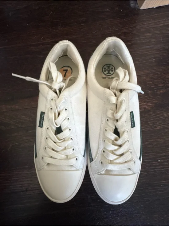 Tory Burch Cream Canvas Sneakers with Green Stripe